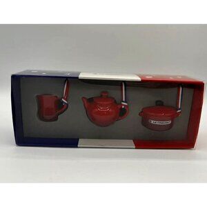 Le Creuset Cerise Red Miniature Ornaments Set of 3 2021 Dutch Oven Tea Pot NEW